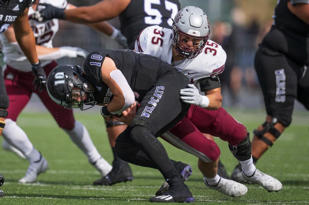 Braxton Hill #35 of the Montana Grizzlies sacks Bronson Barron #10 of the Weber State Wildcats on Oct. 22.