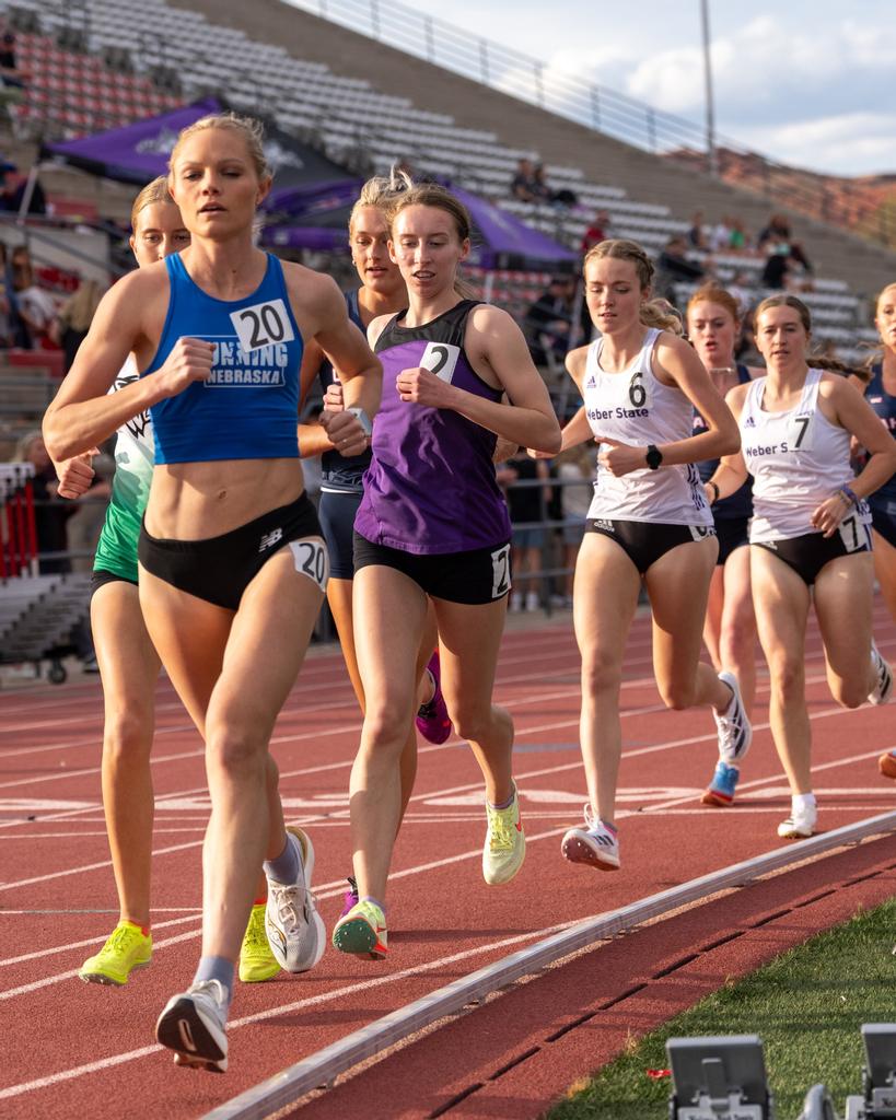 Weber State University Women's Track and Field runners compete against other runners.