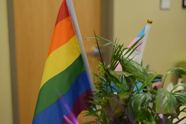 LGBTQ+ flags placed inside of the LGBTQ+ Center at Weber State University.// Banderas LGBTQ+ pests dentro del centro LGBTQ+ en Weber State.