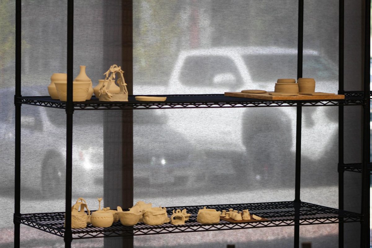 Racks inside of the art studio hold pottery that people have made at the pottery classes taught at the Marshall White Center.// Estantes dentro del estudio de arte sostienen ceramica que las personas han hecho en las clases de ceramica enseñadas dentro del Marshall White Center.