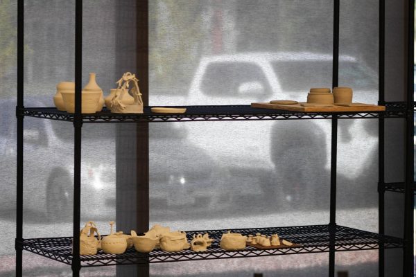 Racks inside of the art studio hold pottery that people have made at the pottery classes taught at the Marshall White Center.// Estantes dentro del estudio de arte sostienen ceramica que las personas han hecho en las clases de ceramica enseñadas dentro del Marshall White Center.