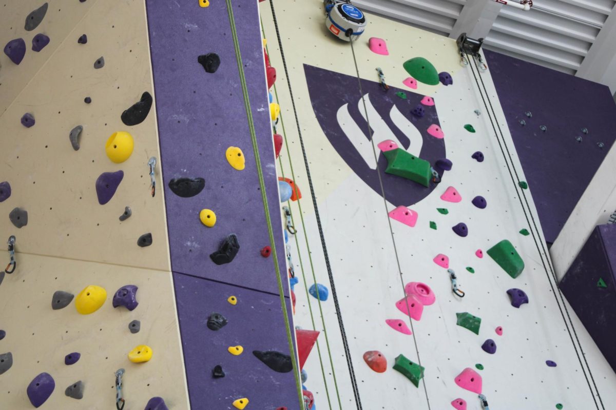 The Weber State University rock climbing wall located inside of the Weber State University Outdoor Rec Center. // El muro de escalada de la Universidad de Weber State, situado dentro del Centro Recreativo al Aire Libre de la Universidad de Weber State.