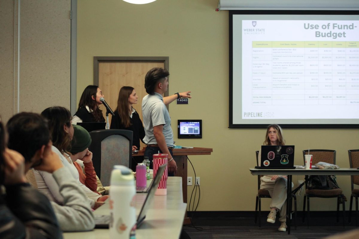 Students present the Use of Fund Budget in the Weber Senate meeting in room 404 on Feb. 2, 2026 //  Los estudiantes presentadores exponen sus necesidades de financiación en la reunión del Senado en la sala 404 el 2 de febrero de 2026.