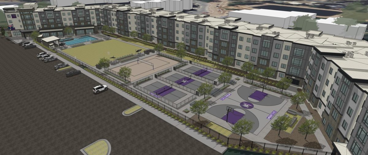 An overhead view over the rendering of the new student housing project. // Vista aérea de la representación del nuevo proyecto de residencias de estudiantes.