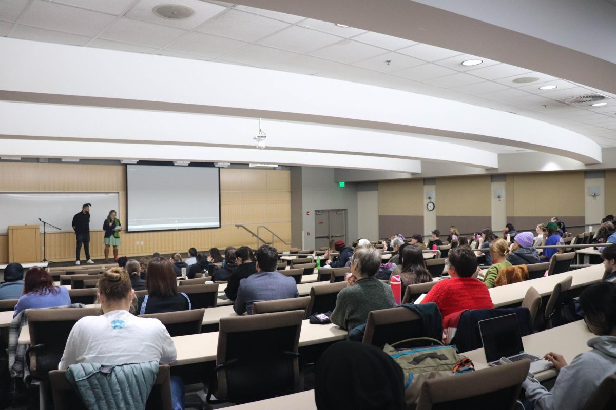 Weber State University students gather to watch the film 'We Were Here,' directed by Fred Kudjo Kuwornu, introduced by the Dean of Lindquist College of Arts and Humanities, Deborah Uman.
