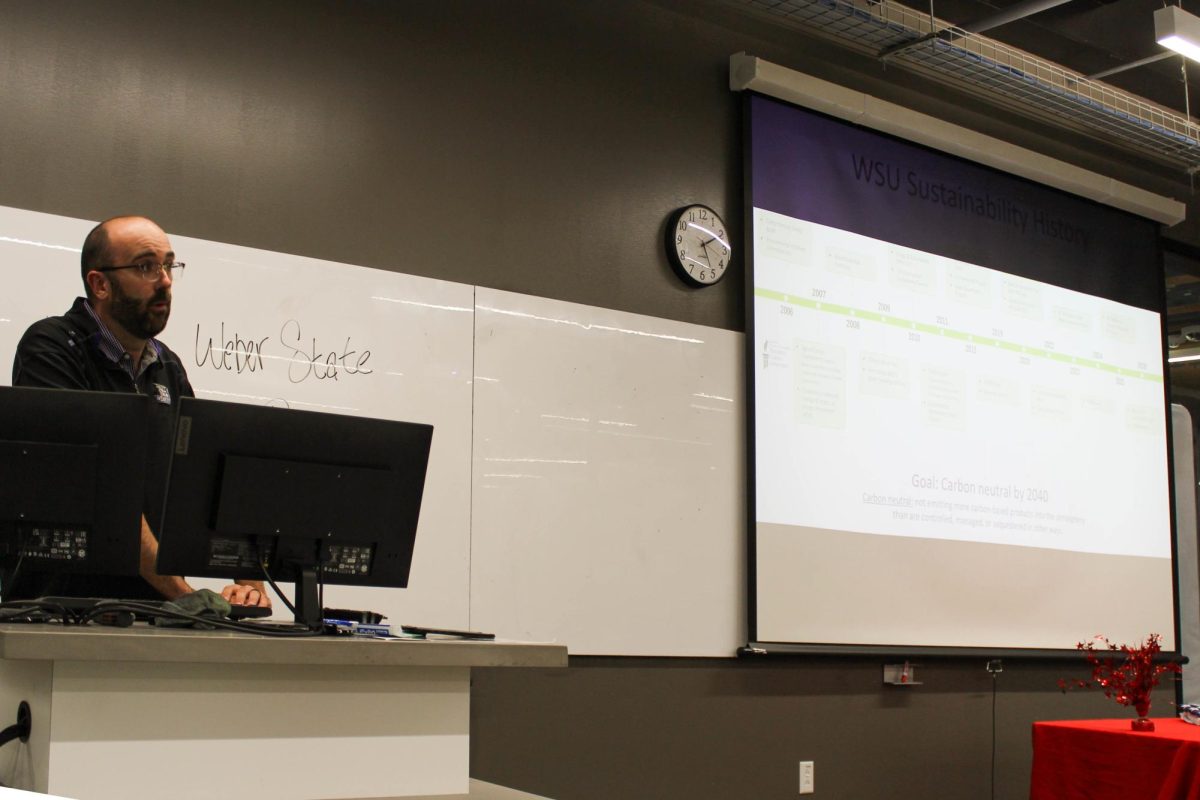 Justin Owens presents information on his financial findings, in the Noorda Buildiing for the Energy Conference on April 6, 2026.
