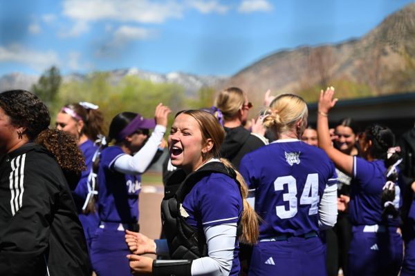 Weber State University softball players celebrate a home run during their game against California State University, Sacramento, on April 3, 2026. // Las jugadoras de sóftbol de la Universidad Weber State celebran un home run durante su partido contra la Universidad California State de Sacramento, el 3 de abril de 2026.
