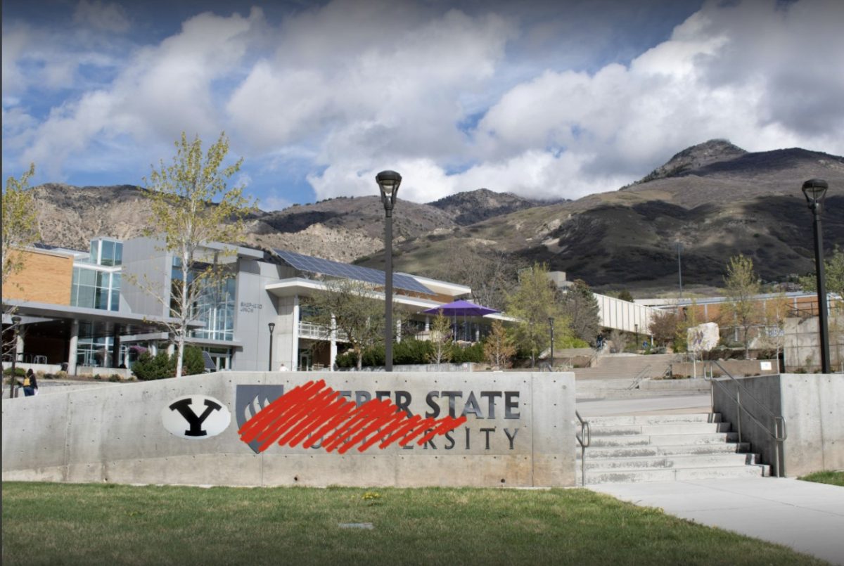 Weber State University is set to become Brigham Young University-Ogden in fall 2026. This caption is part of The Signpost's April Fool's issue and does not contain accurate information.

(A photo illustration of the Weber State University sign outside the Shepherd Union building, with the name scratched out and the Brigham Young University "Y" next to it.) Photo taken and edited on April 1, 2026.