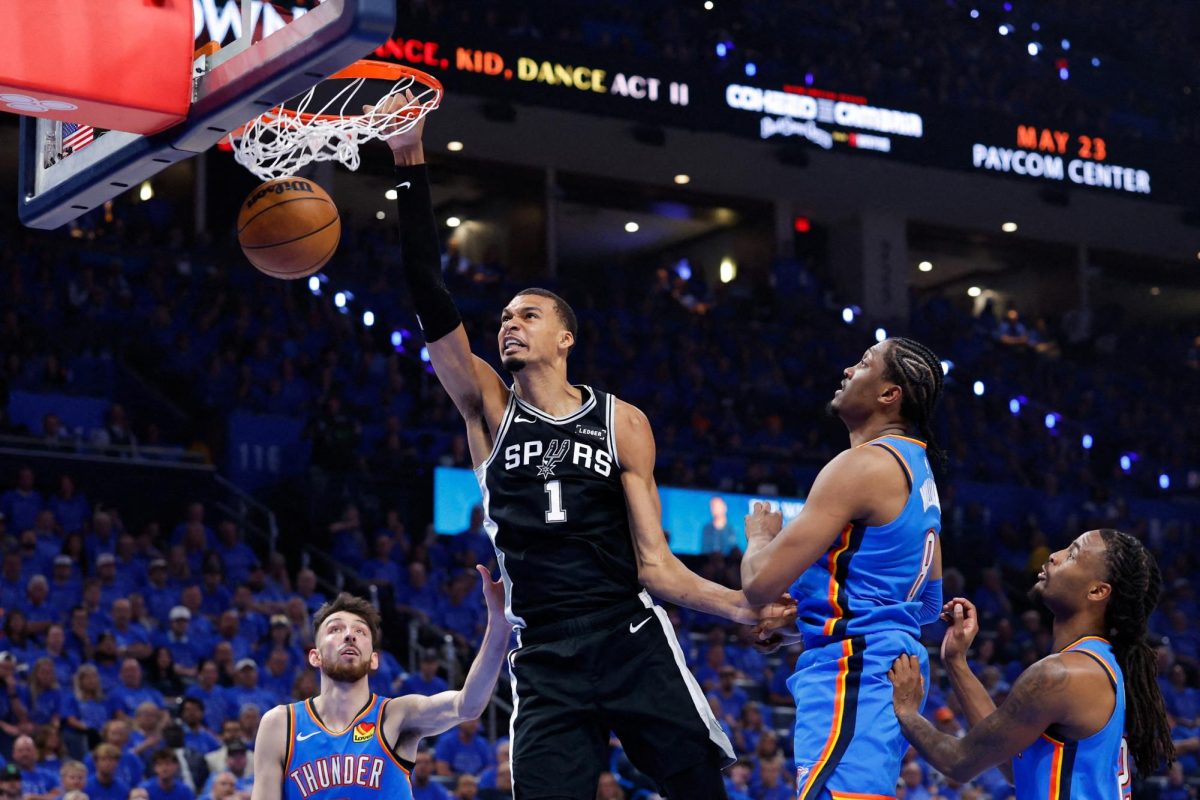 May 18, 2026; Oklahoma City, Oklahoma, USA; San Antonio Spurs center Victor Wembanyama (1) dunks the ball in the second quarter against the Oklahoma City Thunder during game one of the western conference finals for the 2026 NBA playoffs at Paycom Center.