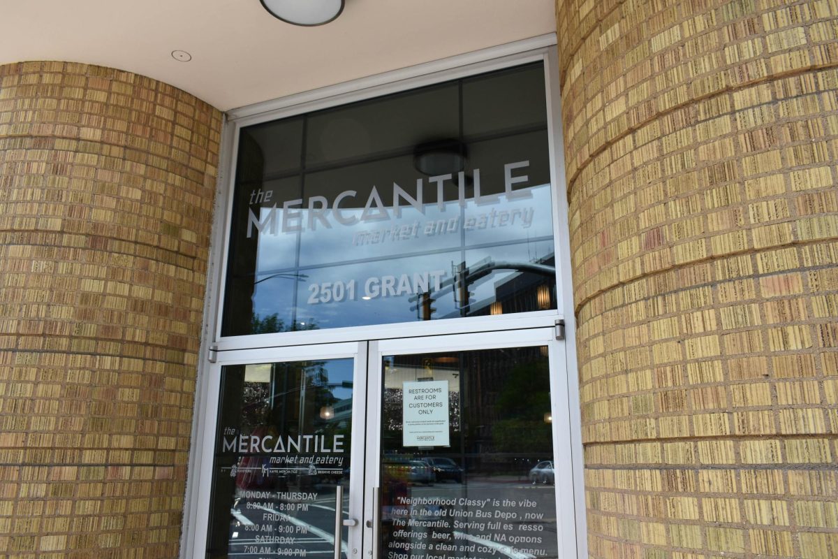 The front of the Mercantile, displaying "The Mercantile, market and eatery." on June 1, 2026.